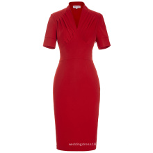 Belle Poque Stock Womens 1950er Kleid Rot Retro Vintage Kurzarm V-Ausschnitt Hüften-Wrapped Bodycon Bleistift Kleid BP000106-3